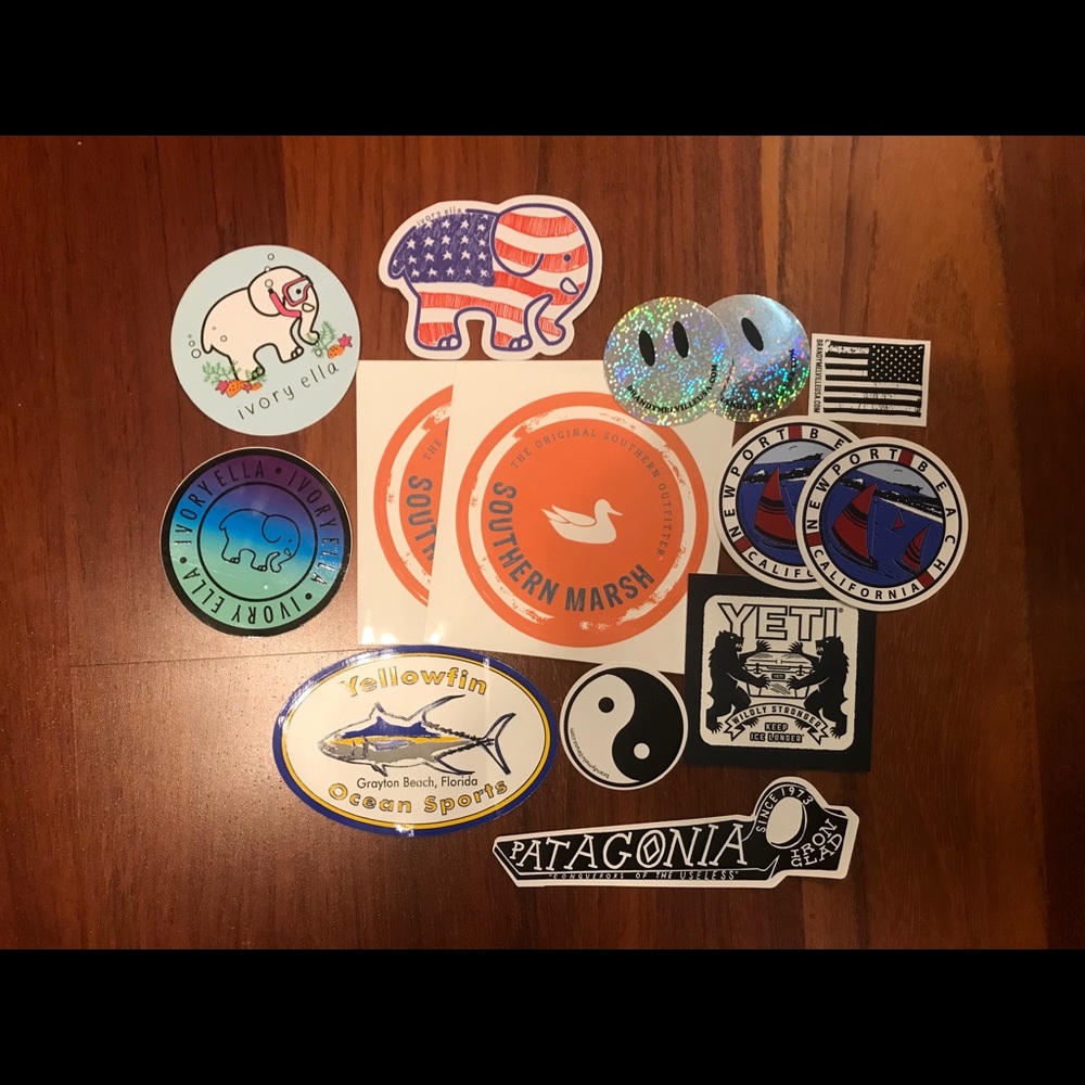 14 brand name stickers!ivory ella, yeti, Patagonia